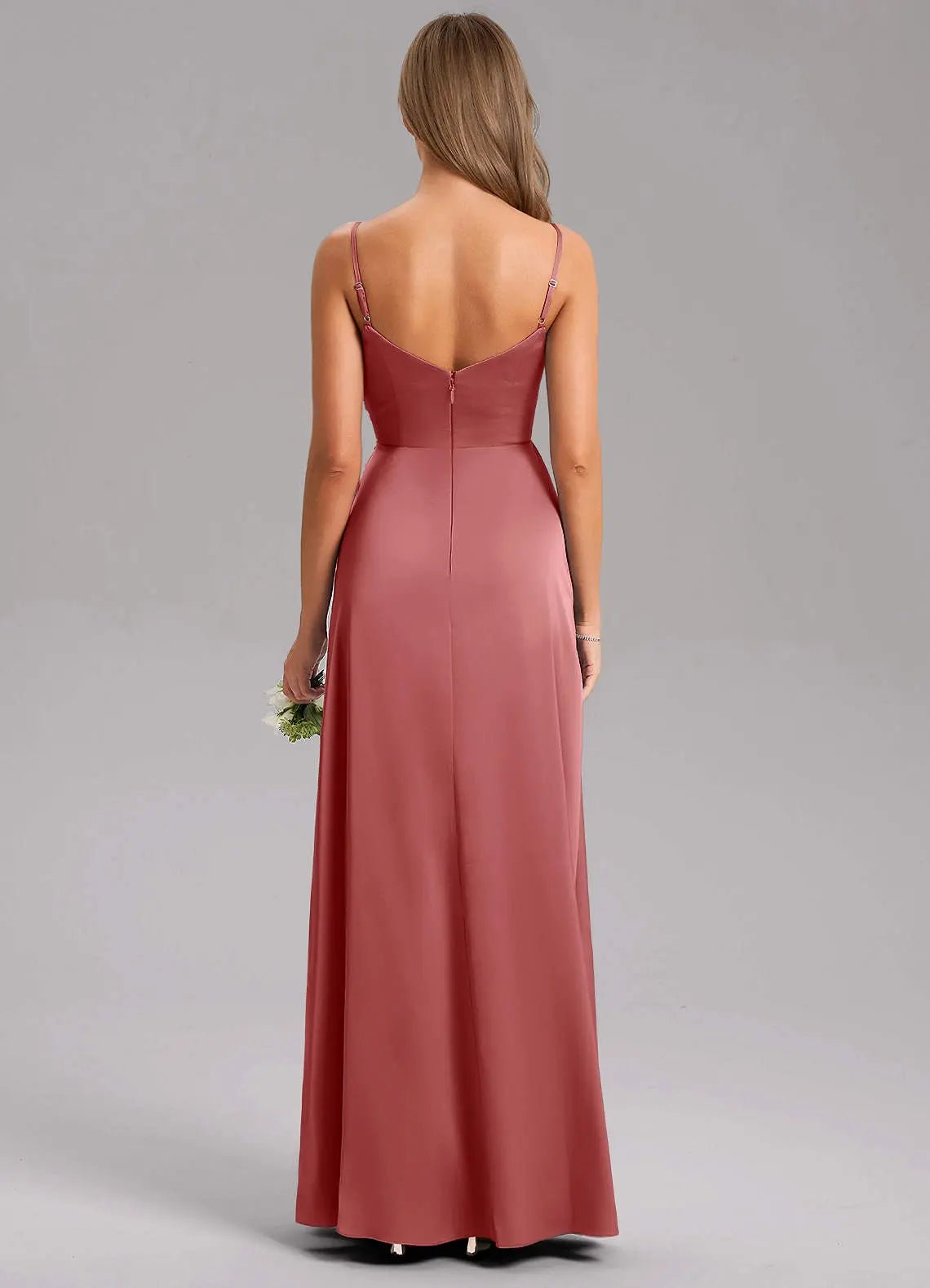 Azuree A-Line V-Neck Stretch Satin Bridesmaid Dress in Antique Rose