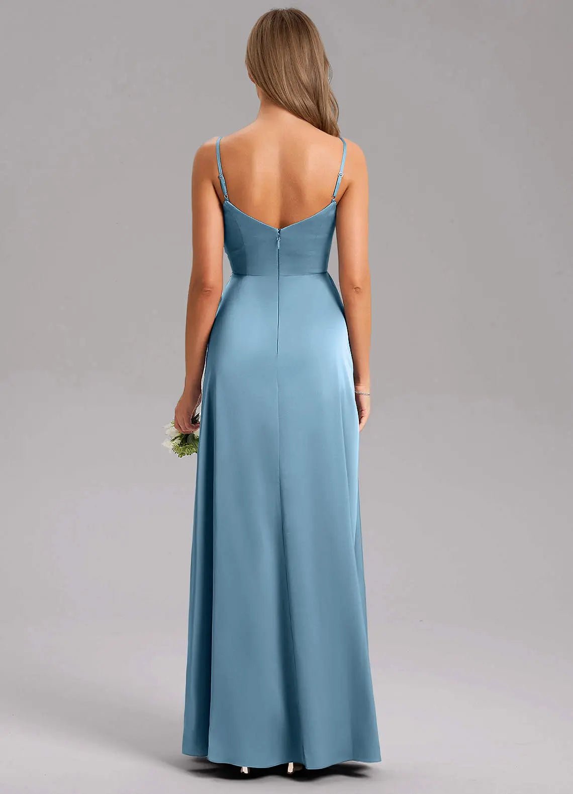 Azuree A-Line V-Neck Stretch Satin Bridesmaid Dress in Steel Blue