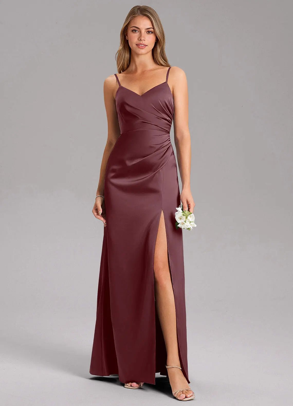 Azuree A-Line V-Neck Stretch Satin Bridesmaid Dress in Grape