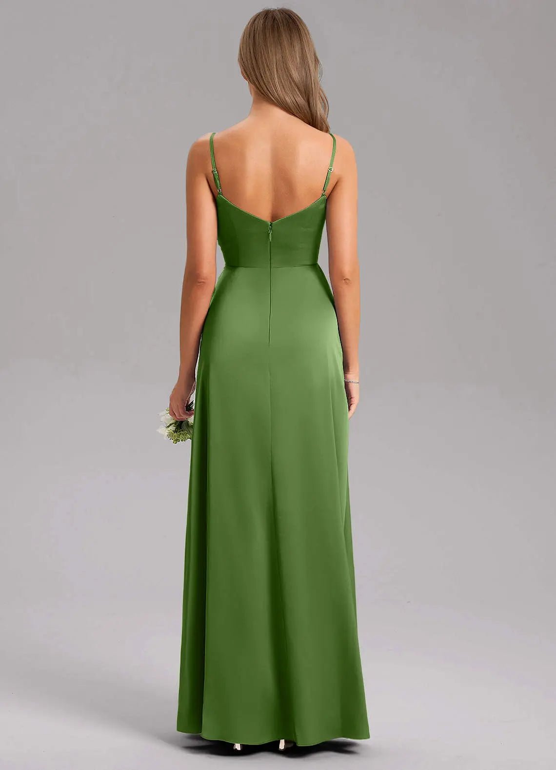 Azuree A-Line V-Neck Stretch Satin Bridesmaid Dress in Basil