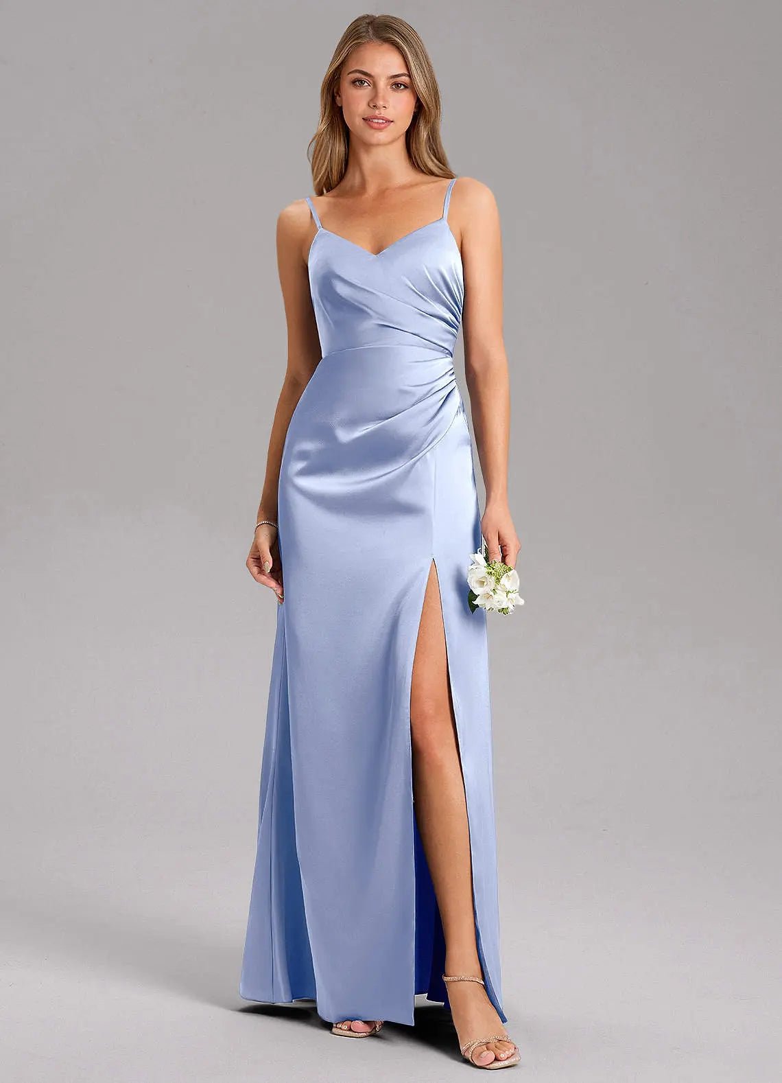 Azuree A-Line V-Neck Stretch Satin Bridesmaid Dress in Ice