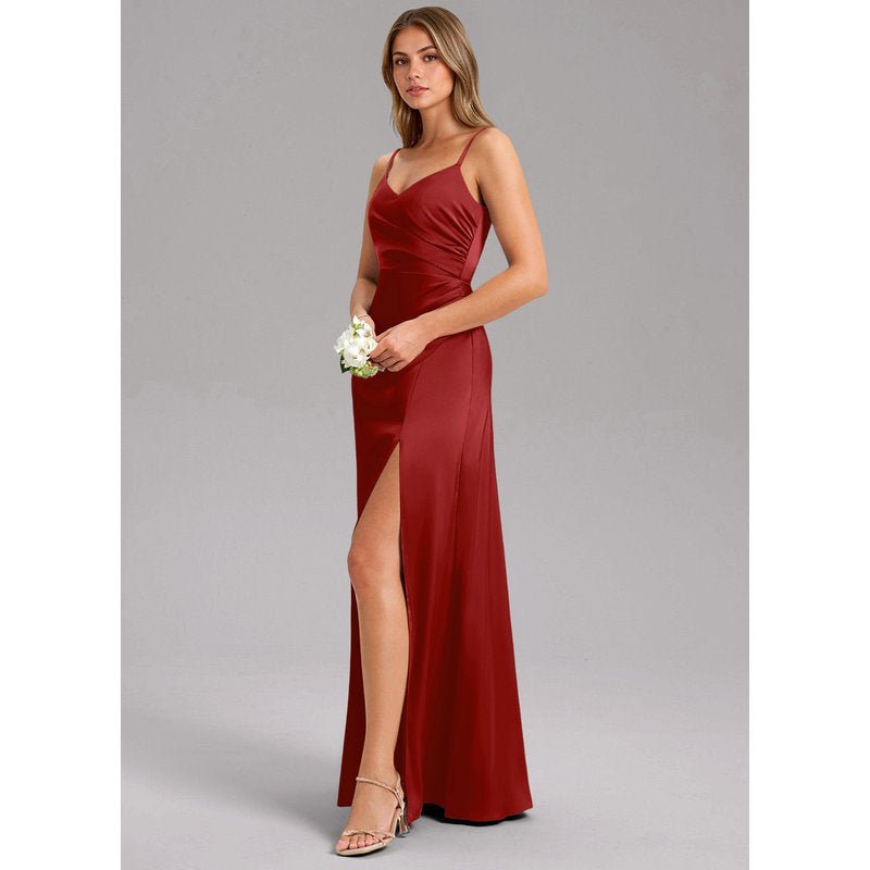 Waverly A-Line V-Neck Stretch Satin Bridesmaid Dress in Pomegranate - gallery 3