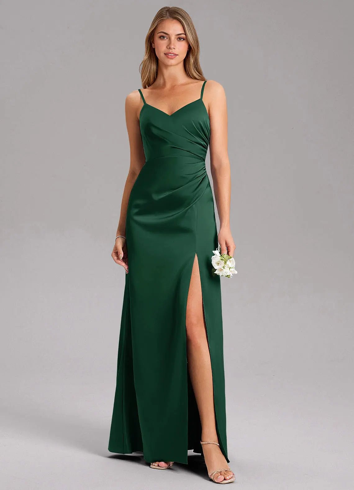 Azuree A-Line V-Neck Stretch Satin Bridesmaid Dress in Dark Green