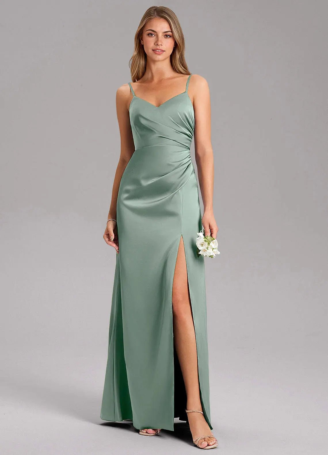 Azuree A-Line V-Neck Stretch Satin Bridesmaid Dress in Silver Sage