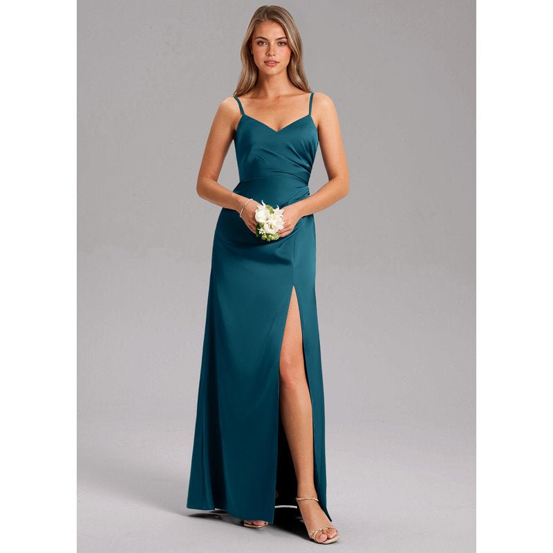 Waverly A-Line V-Neck Stretch Satin Bridesmaid Dress in Ink Blue - gallery 2