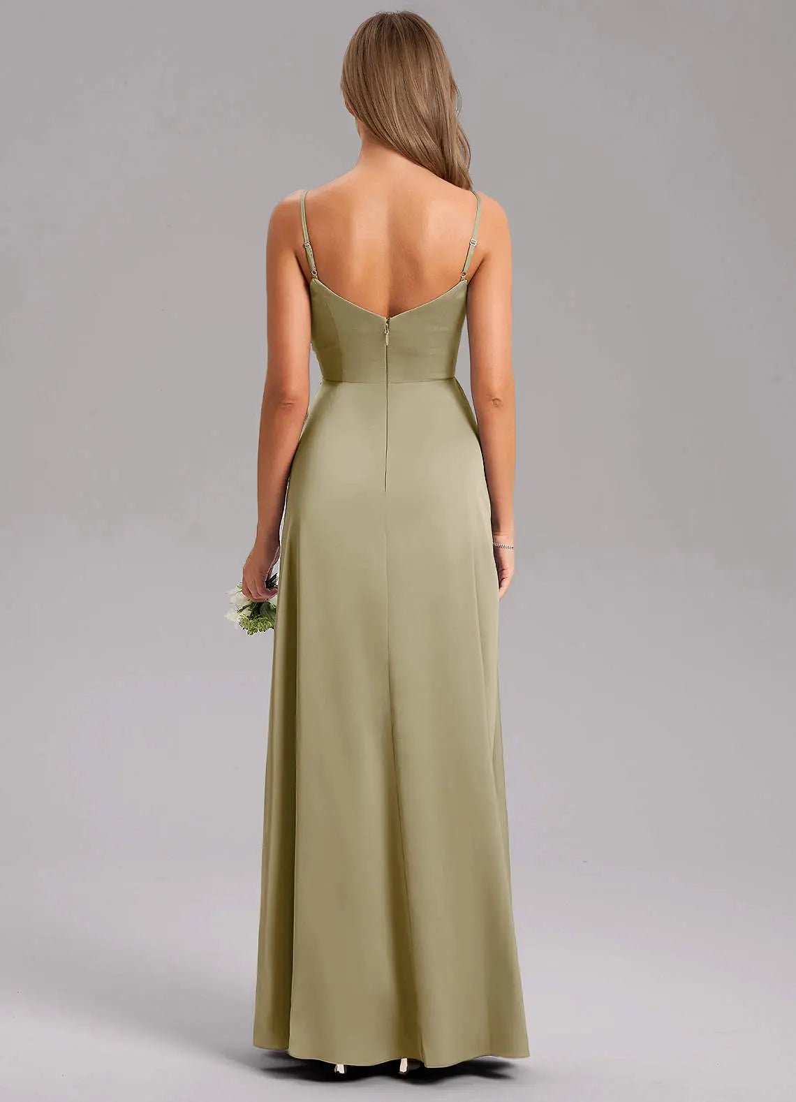 Azuree A-Line V-Neck Stretch Satin Bridesmaid Dress in Agave