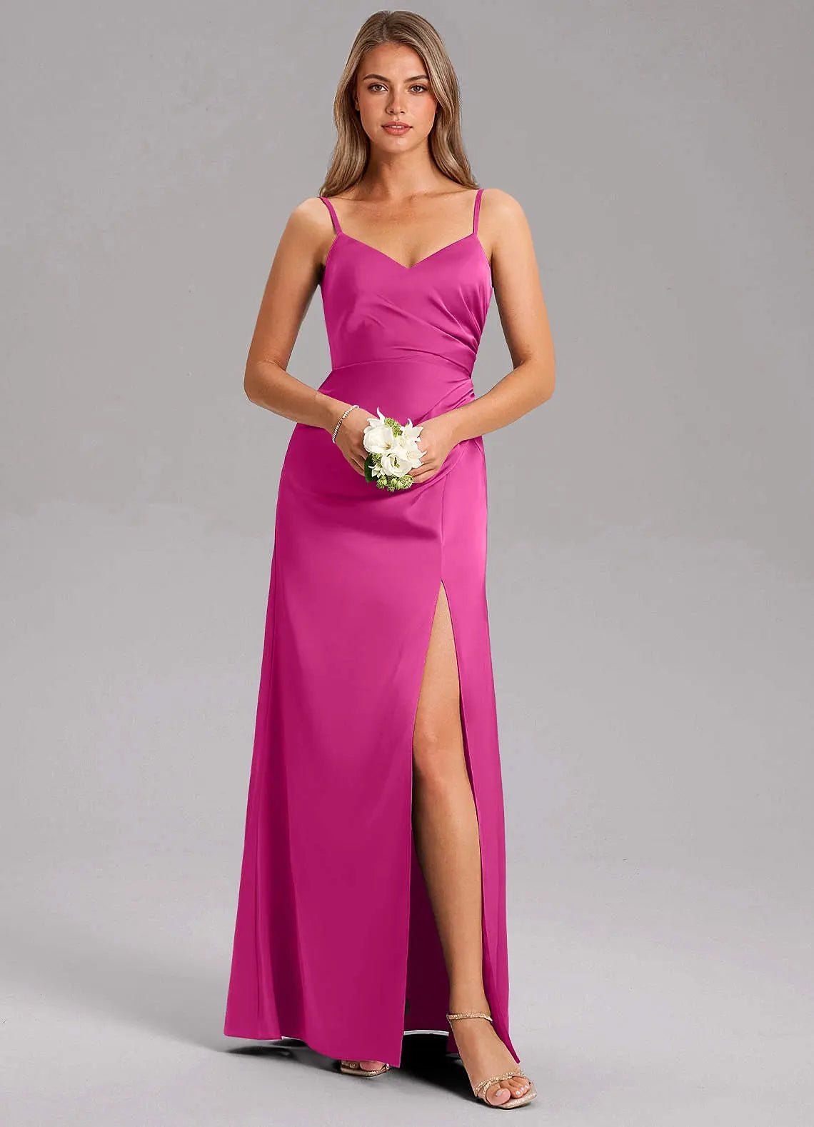 Azuree A-Line V-Neck Stretch Satin Bridesmaid Dress in Fuchsia