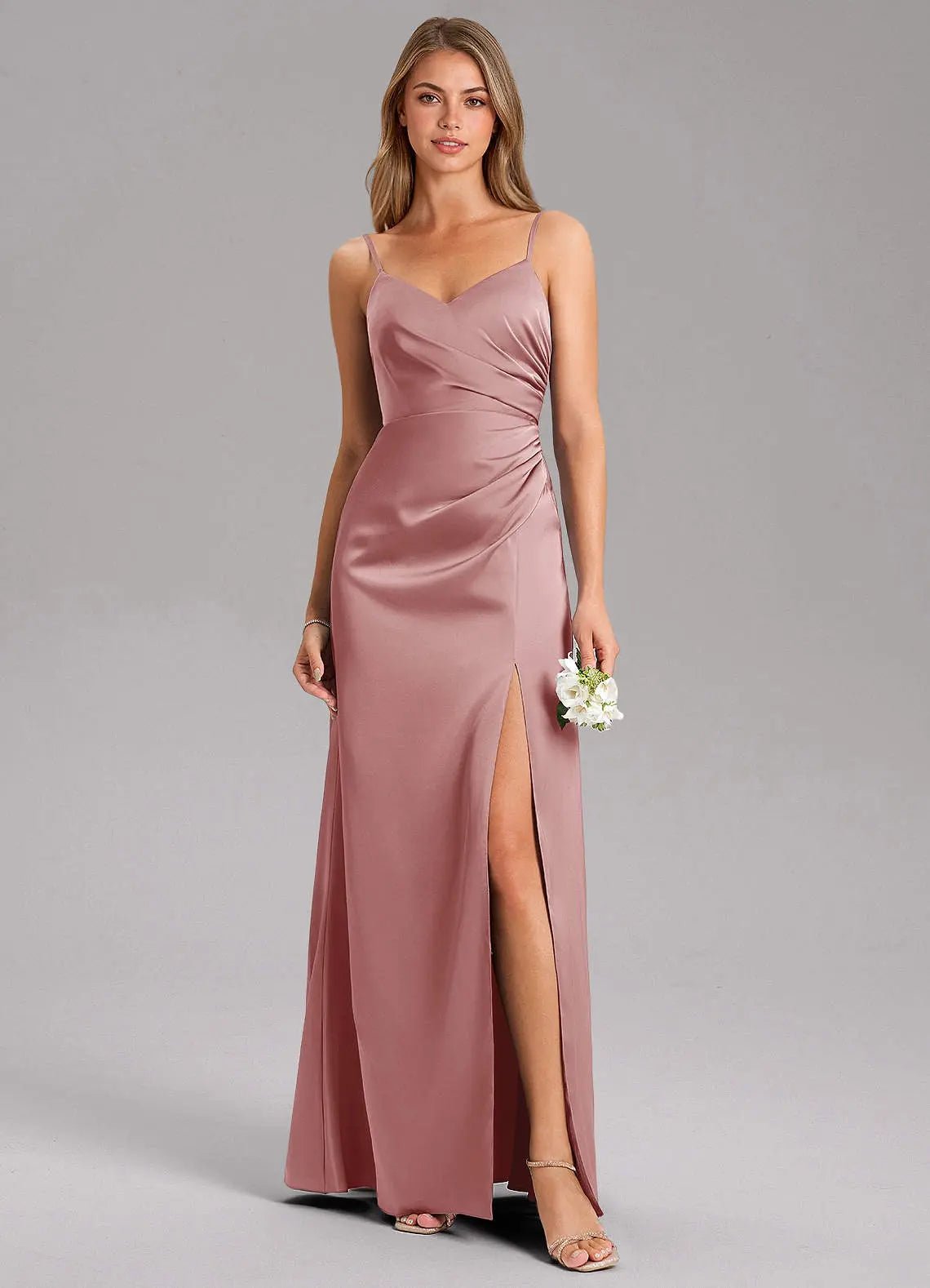 Azuree A-Line V-Neck Stretch Satin Bridesmaid Dress in dusty rose