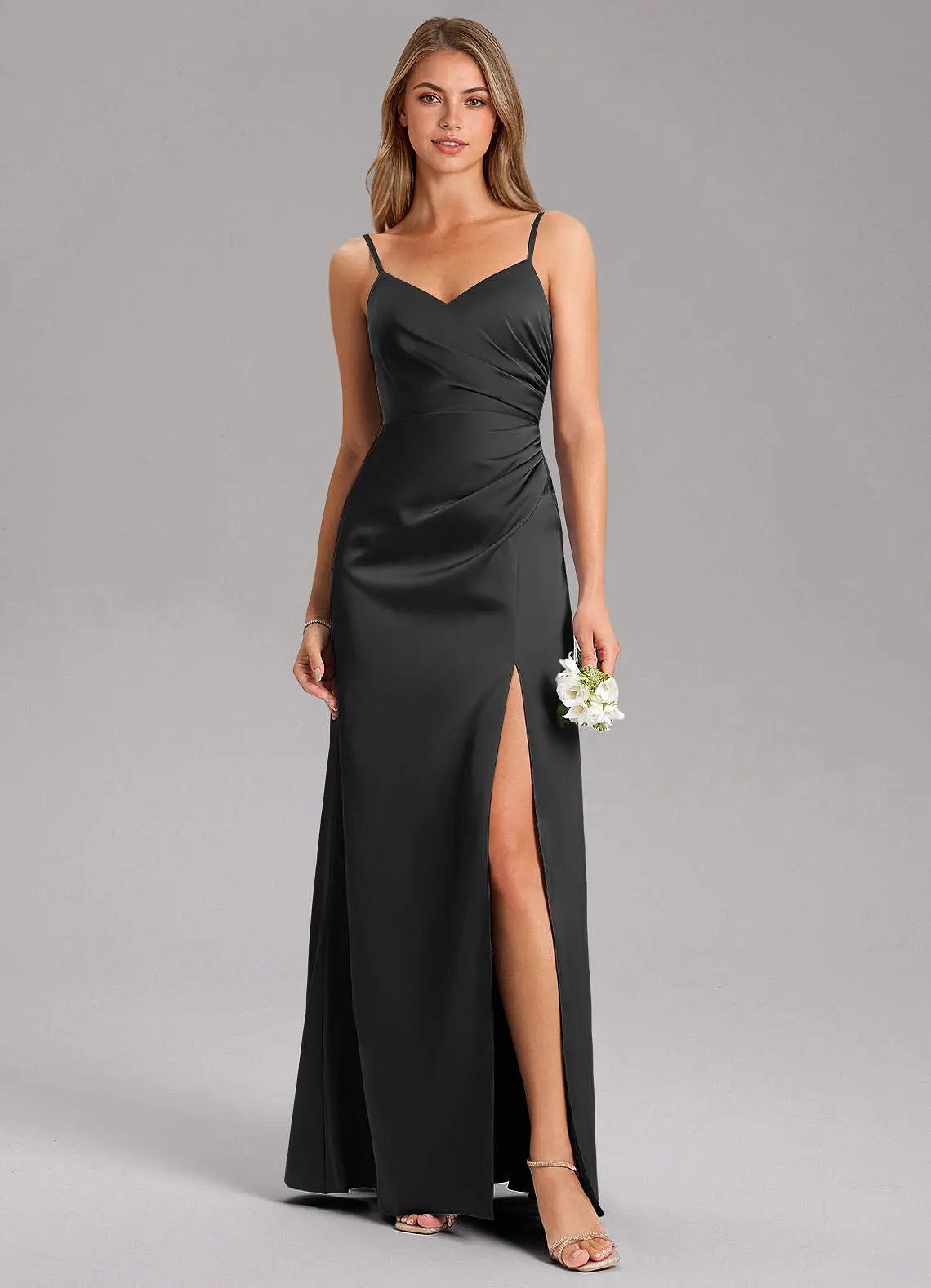 Azuree A-Line V-Neck Stretch Satin Bridesmaid Dress in black
