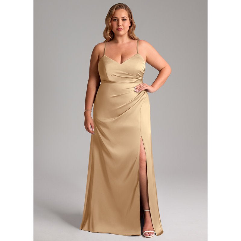 Waverly A-Line V-Neck Stretch Satin Bridesmaid Dress in Champagne - gallery 2