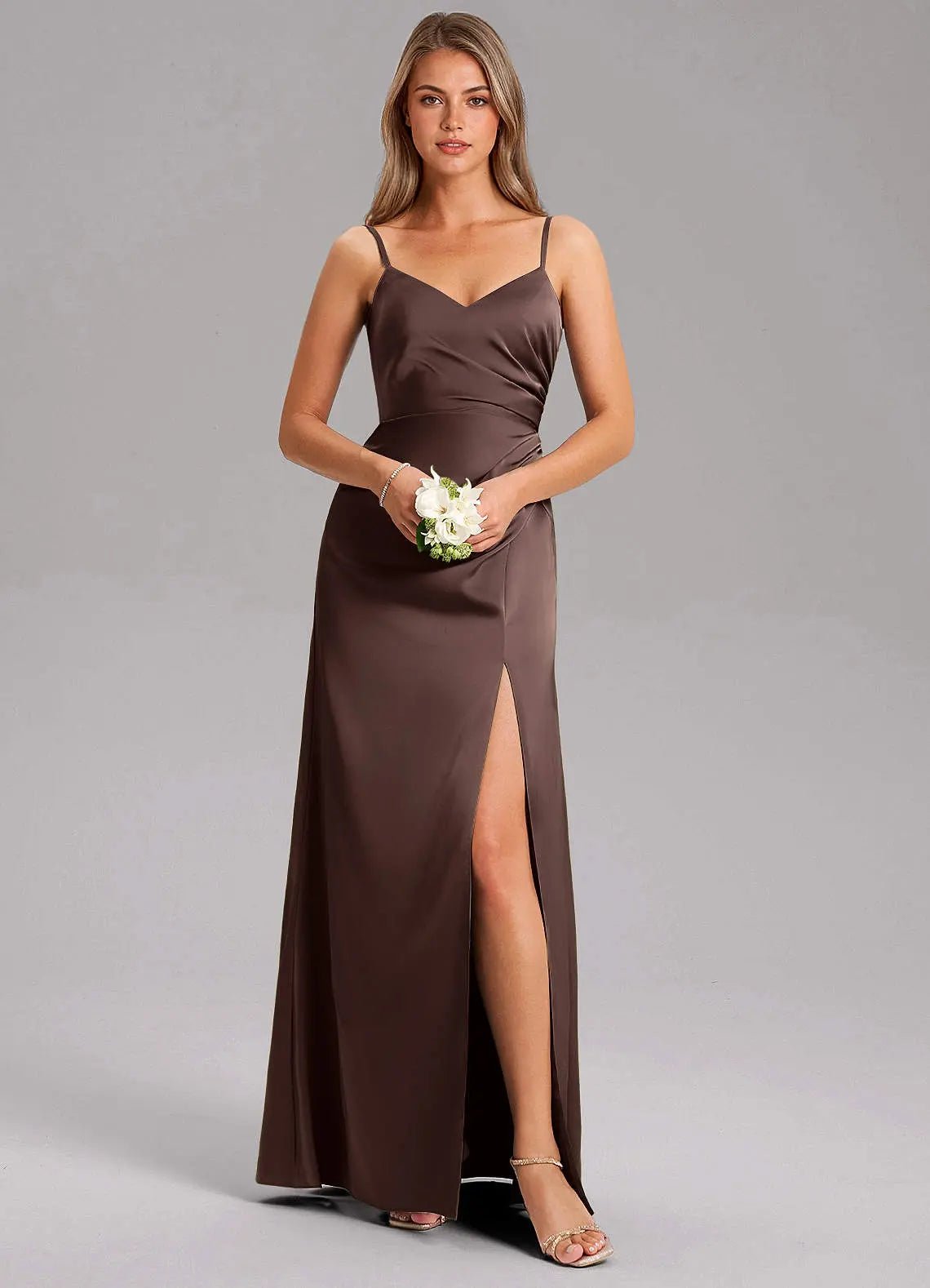 Azuree A-Line V-Neck Stretch Satin Bridesmaid Dress in Ganache