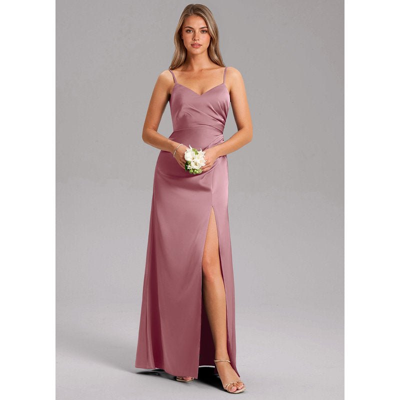 Waverly A-Line V-Neck Stretch Satin Bridesmaid Dress in Vintage Mauve - gallery 2