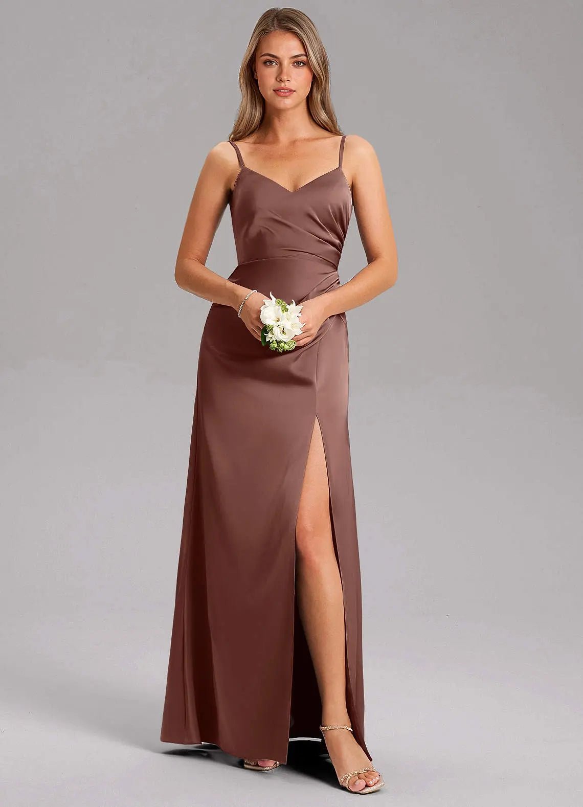 Azuree A-Line V-Neck Stretch Satin Bridesmaid Dress in Espresso