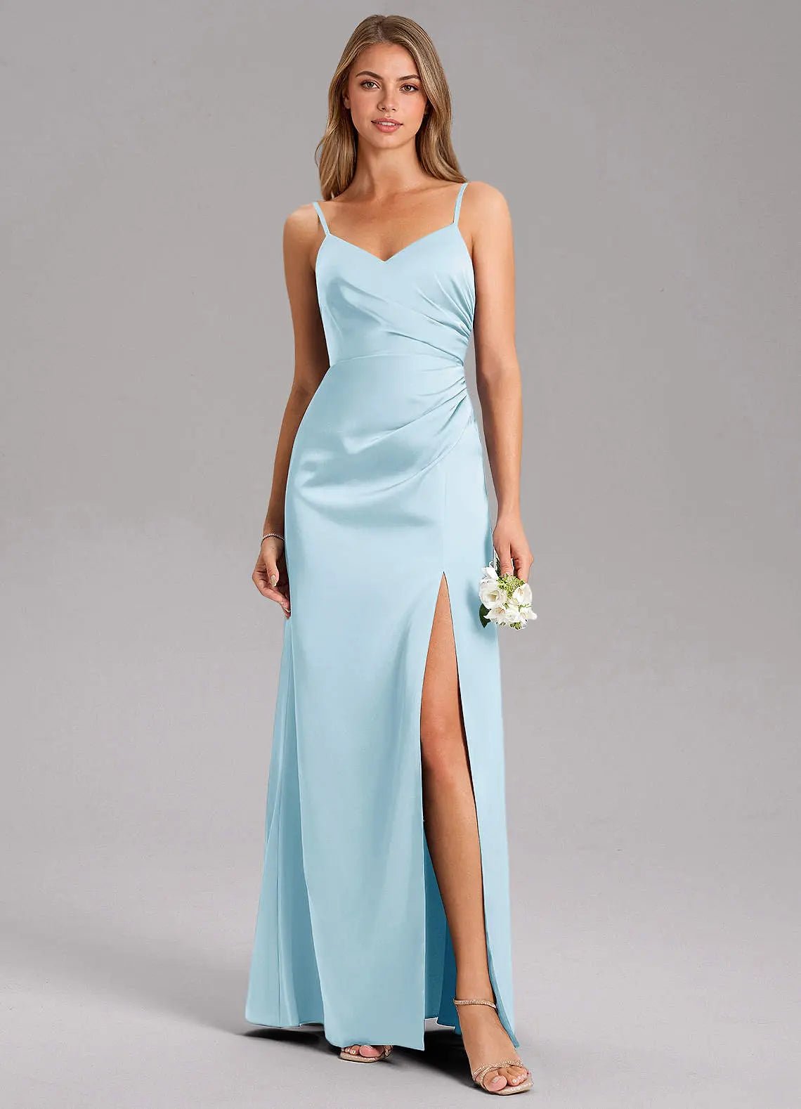 Azuree A-Line V-Neck Stretch Satin Bridesmaid Dress in Sky Blue