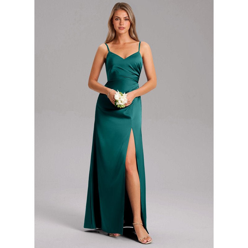 Waverly A-Line V-Neck Stretch Satin Bridesmaid Dress in Peacock - gallery 2