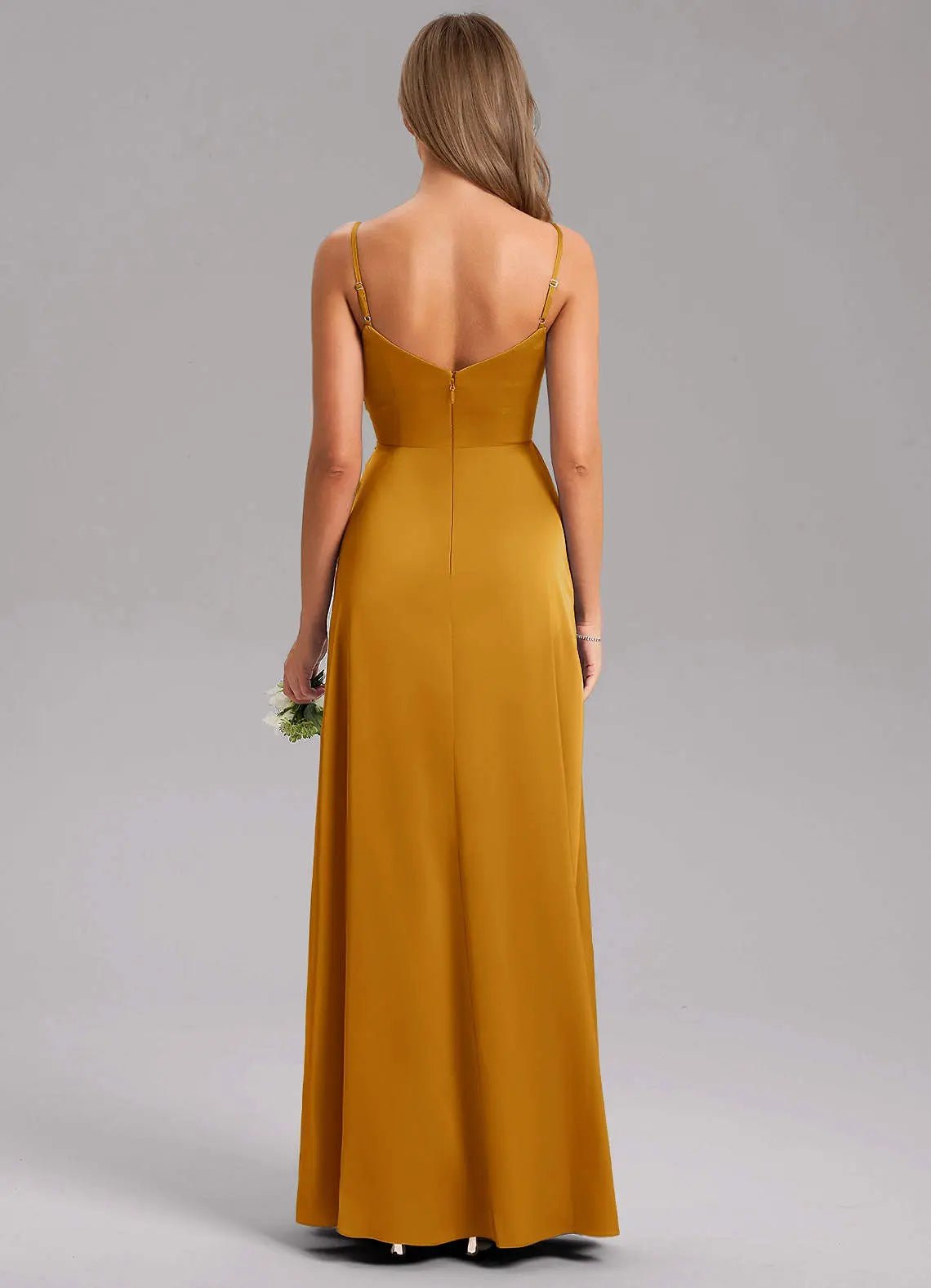 Azuree A-Line V-Neck Stretch Satin Bridesmaid Dress in butterscotch