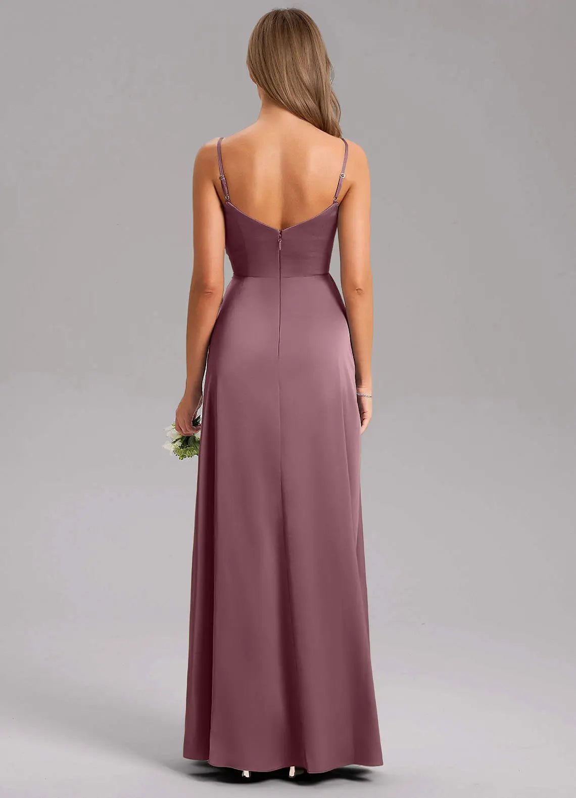 Azuree A-Line V-Neck Stretch Satin Bridesmaid Dress in Desert Rose