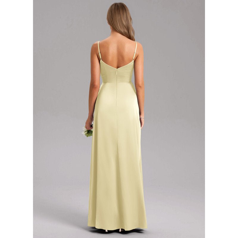 Waverly A-Line V-Neck Stretch Satin Bridesmaid Dress in Lemon Sorbet - gallery 1