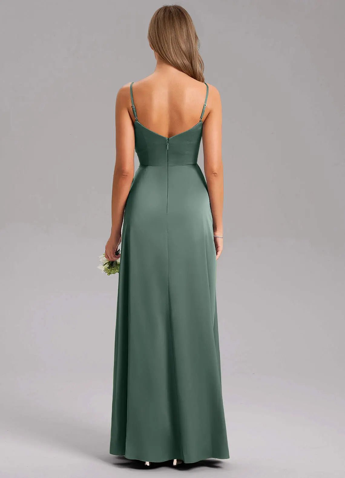 Azuree A-Line V-Neck Stretch Satin Bridesmaid Dress in Sea Moss