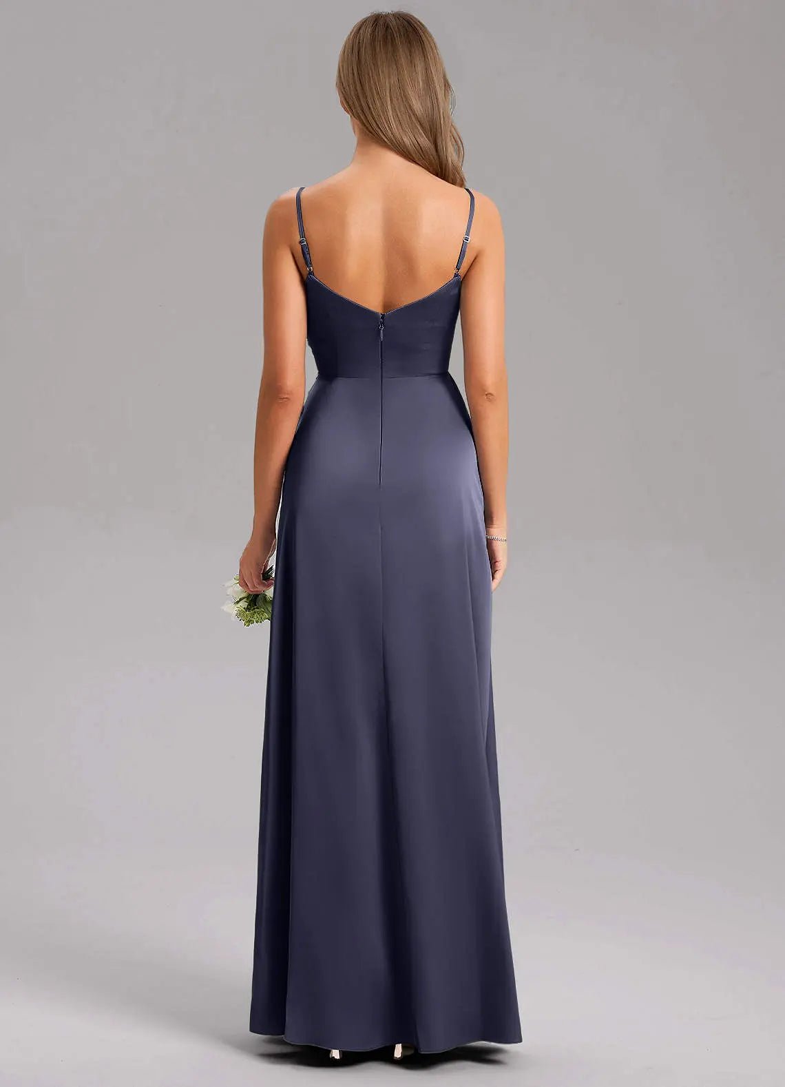 Azuree A-Line V-Neck Stretch Satin Bridesmaid Dress in Stormy