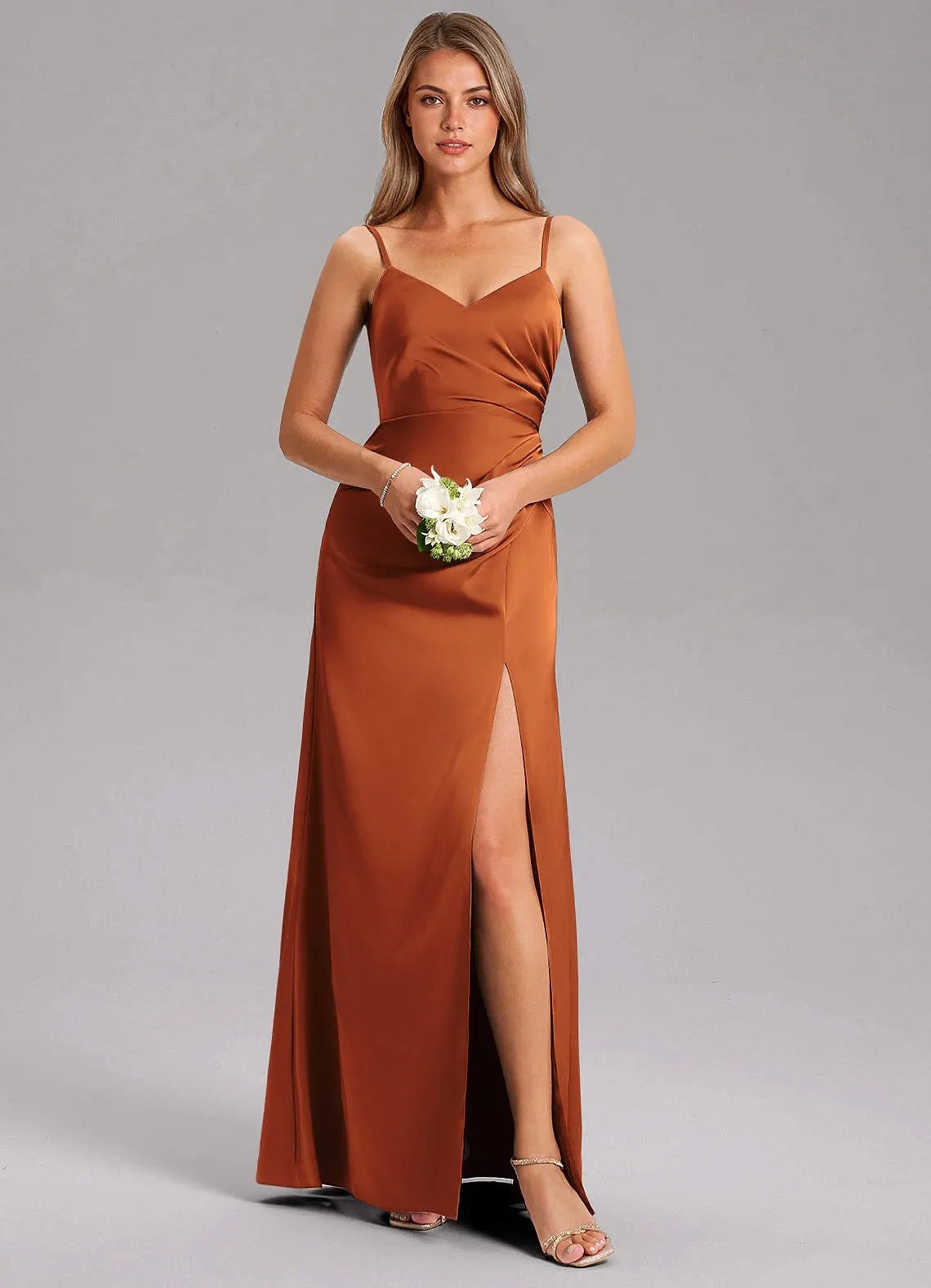 Azuree A-Line V-Neck Stretch Satin Bridesmaid Dress in Cinnamon