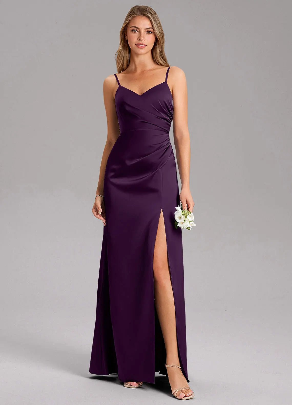 Azuree A-Line V-Neck Stretch Satin Bridesmaid Dress in Plum