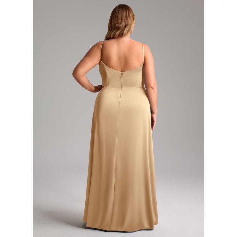 Waverly A-Line V-Neck Stretch Satin Bridesmaid Dress in Champagne - gallery 1