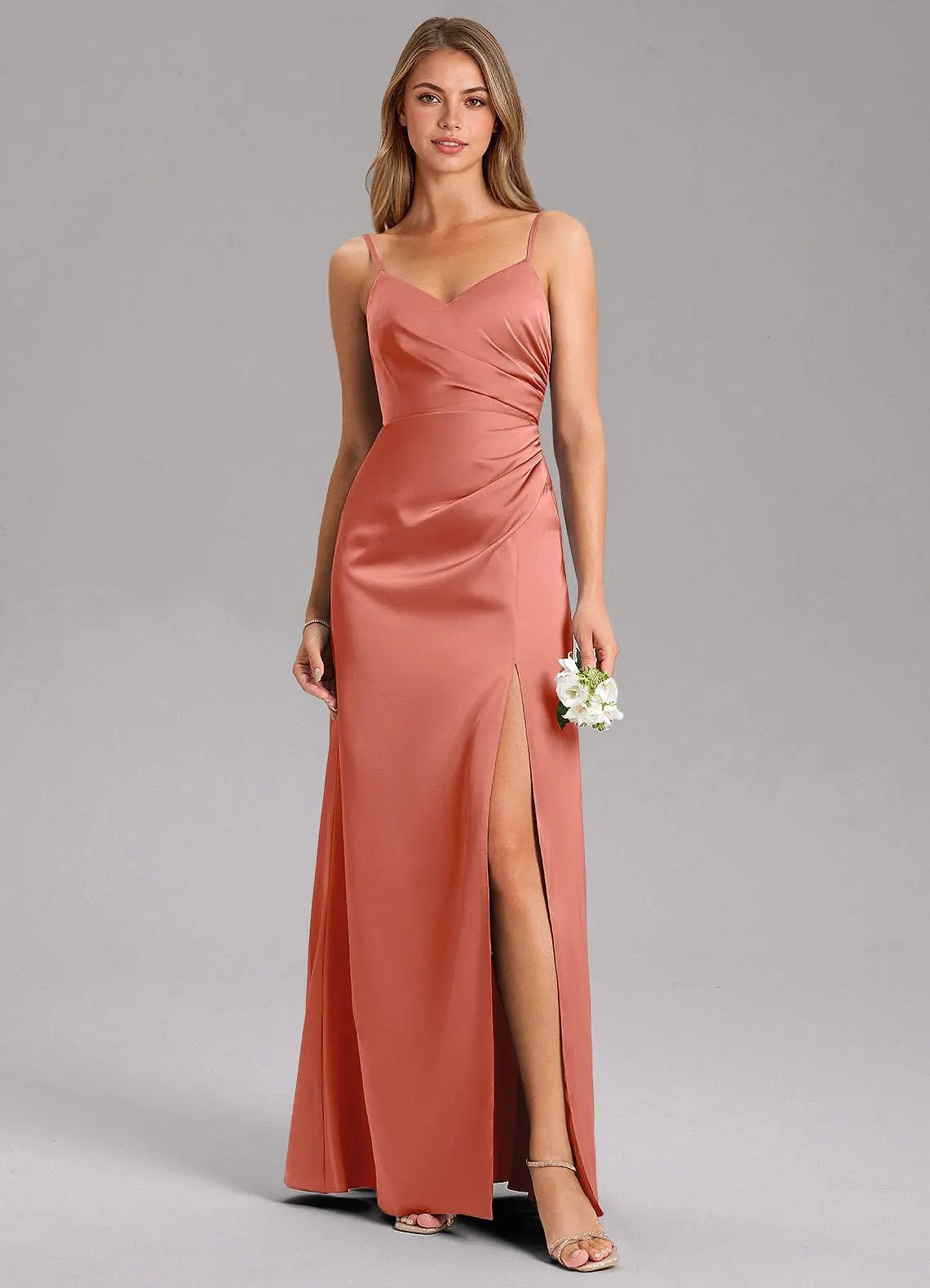 Azuree A-Line V-Neck Stretch Satin Bridesmaid Dress in Salmon Pink