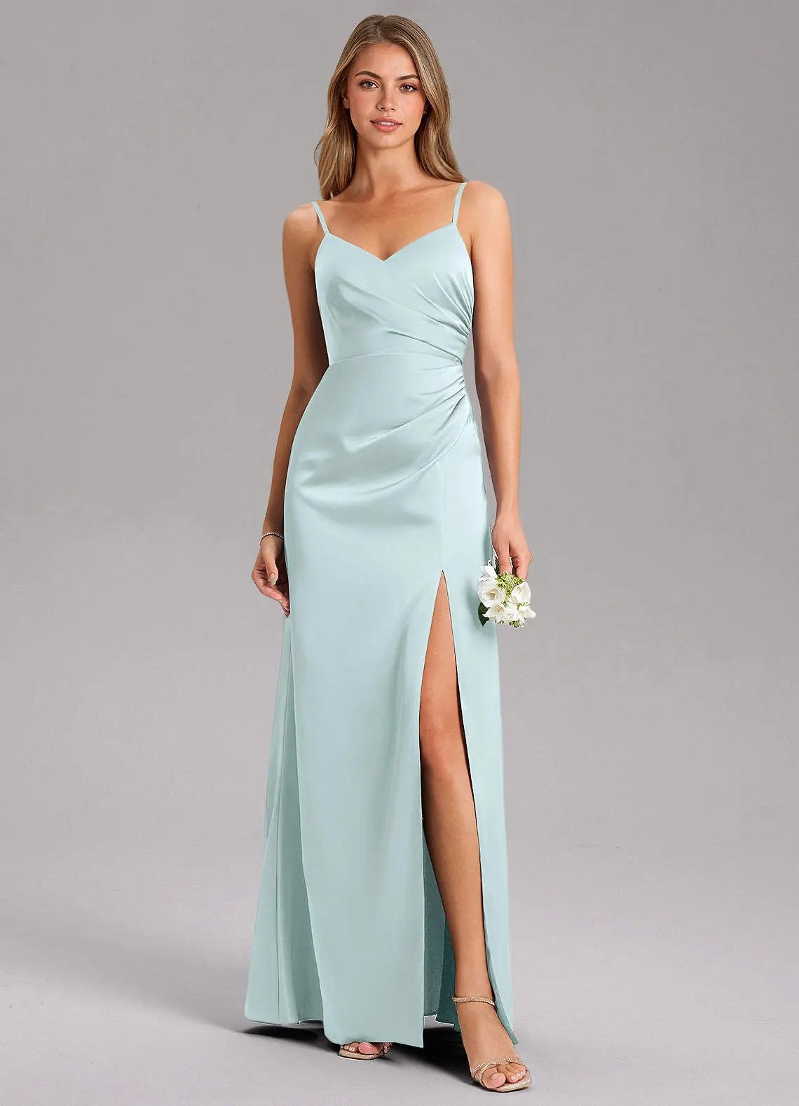 Azuree A-Line V-Neck Stretch Satin Bridesmaid Dress in Sea Glass