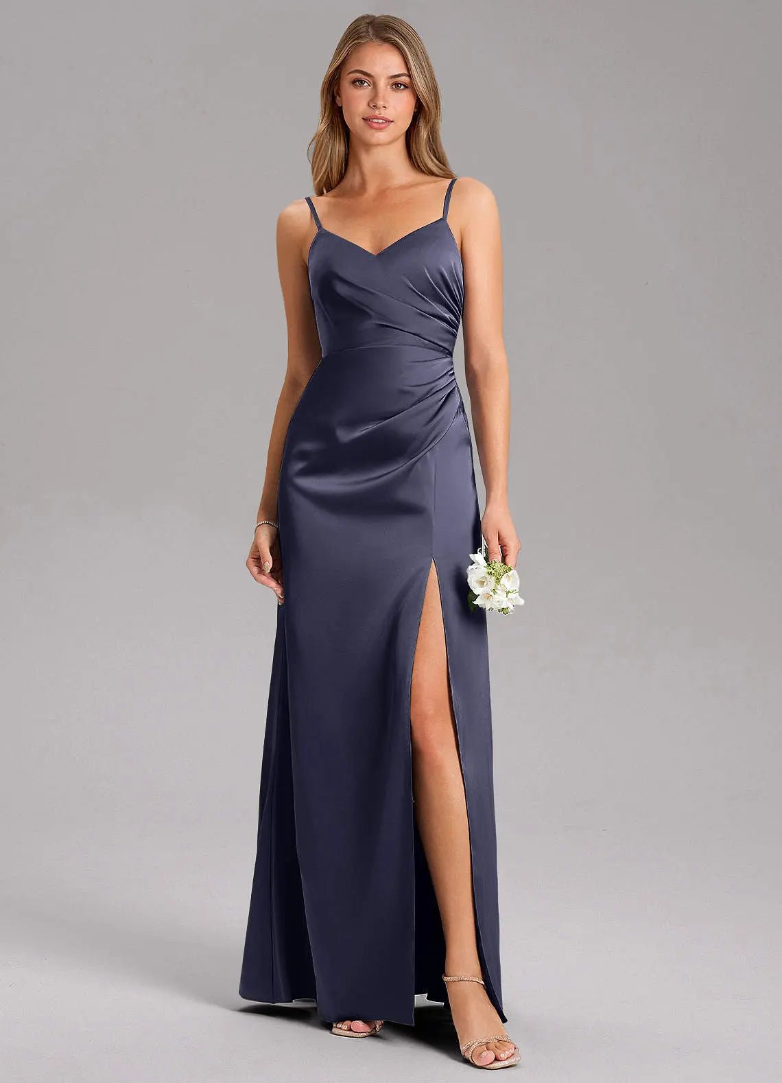 Azuree A-Line V-Neck Stretch Satin Bridesmaid Dress in Stormy