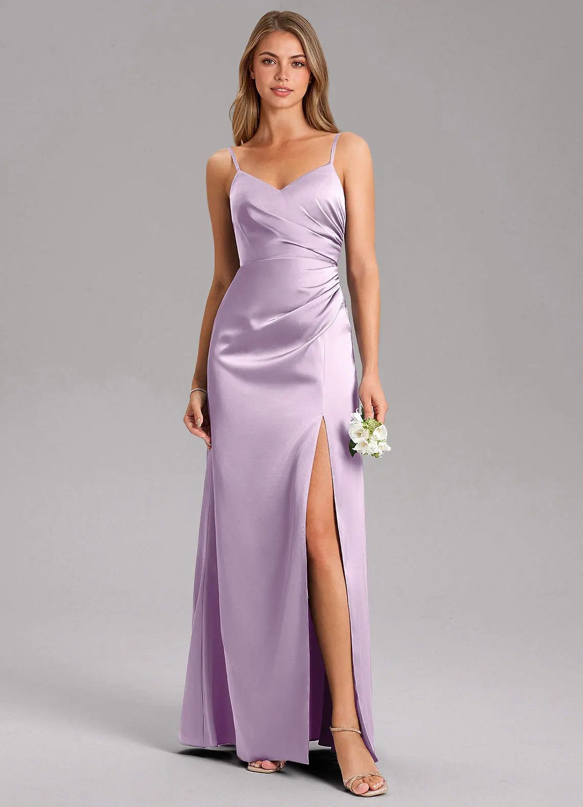 Azuree A-Line V-Neck Stretch Satin Bridesmaid Dress in Frosted Lilac