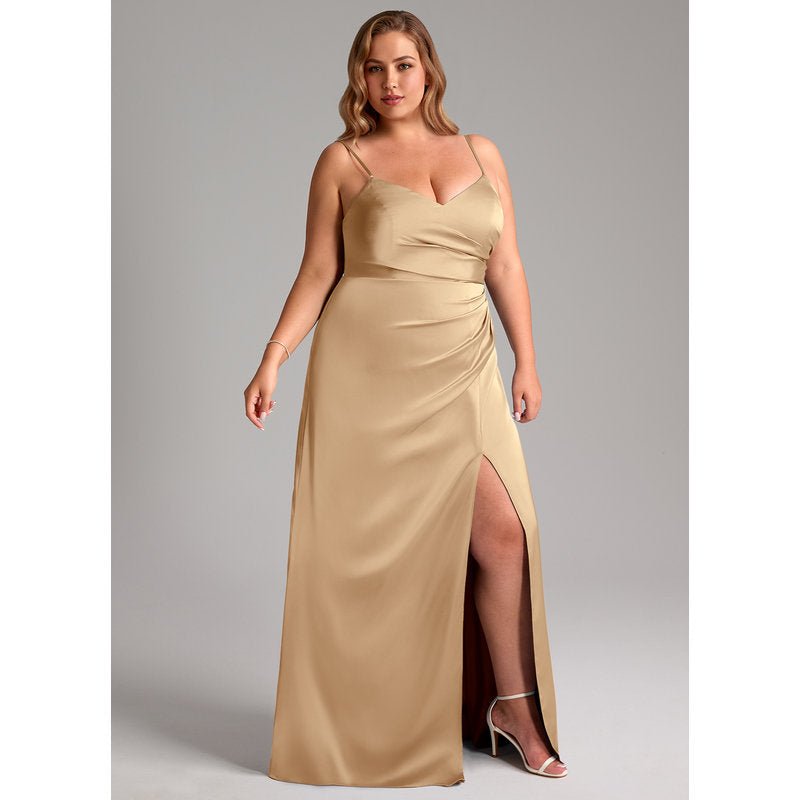 Waverly A-Line V-Neck Stretch Satin Bridesmaid Dress in Champagne - gallery 3