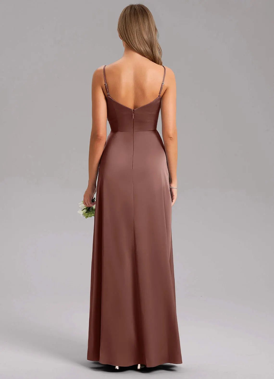 Azuree A-Line V-Neck Stretch Satin Bridesmaid Dress in Espresso