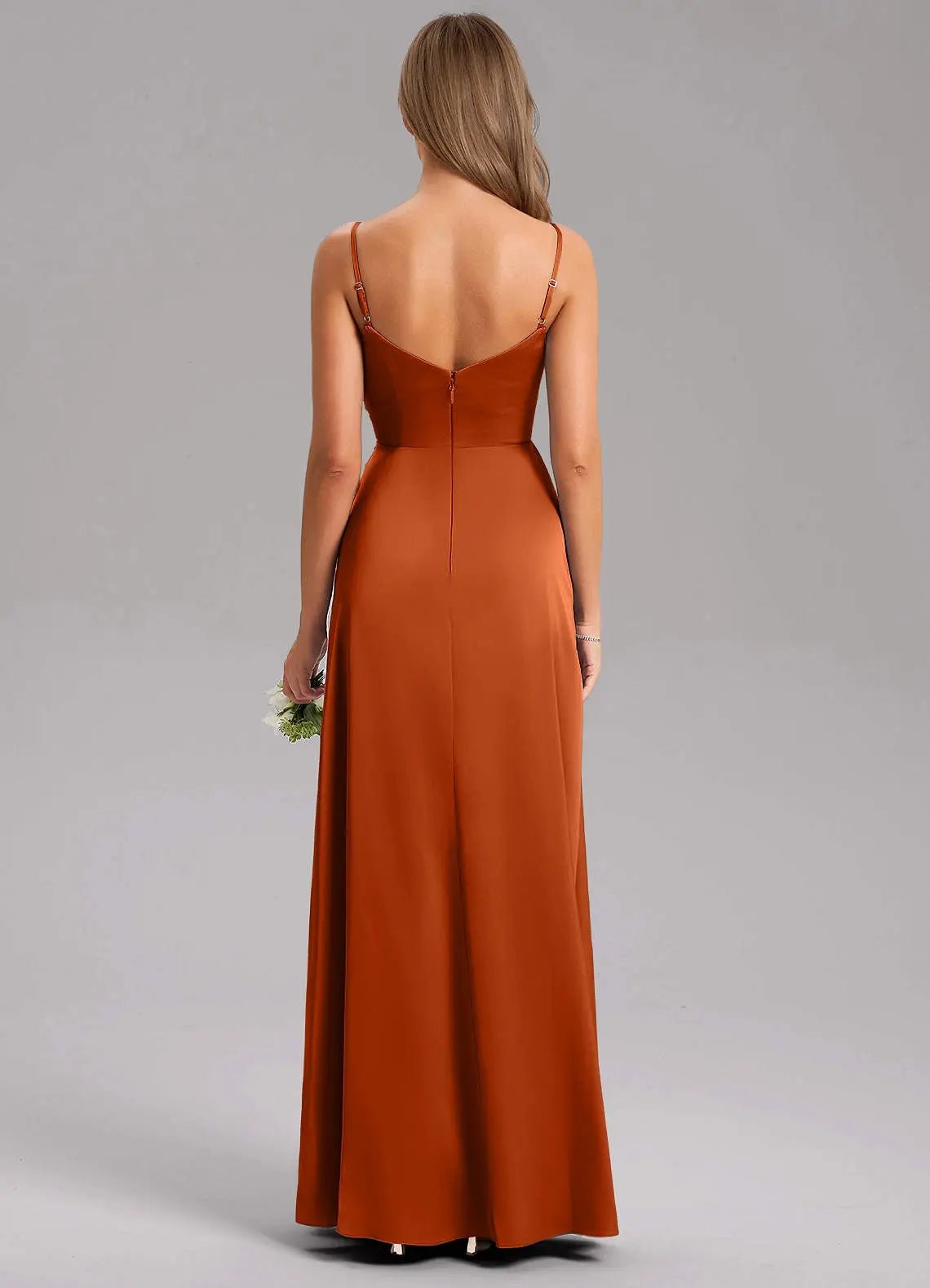 Azuree A-Line V-Neck Stretch Satin Bridesmaid Dress in Burnt Orange