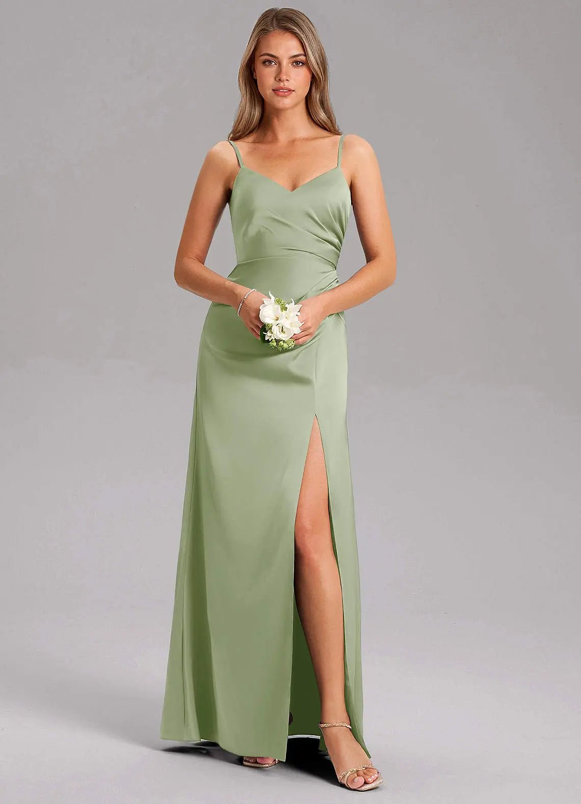 Azuree A-Line V-Neck Stretch Satin Bridesmaid Dress in Dusty Sage