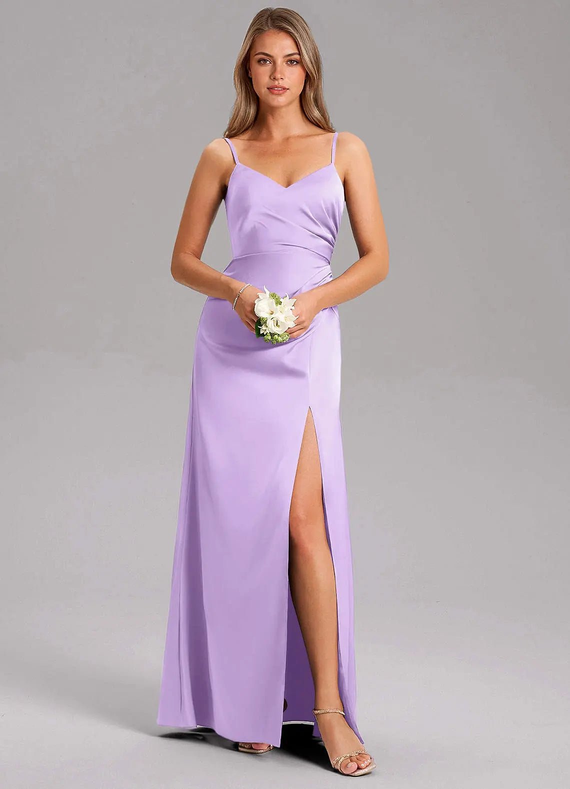 Azuree A-Line V-Neck Stretch Satin Bridesmaid Dress in Lilac