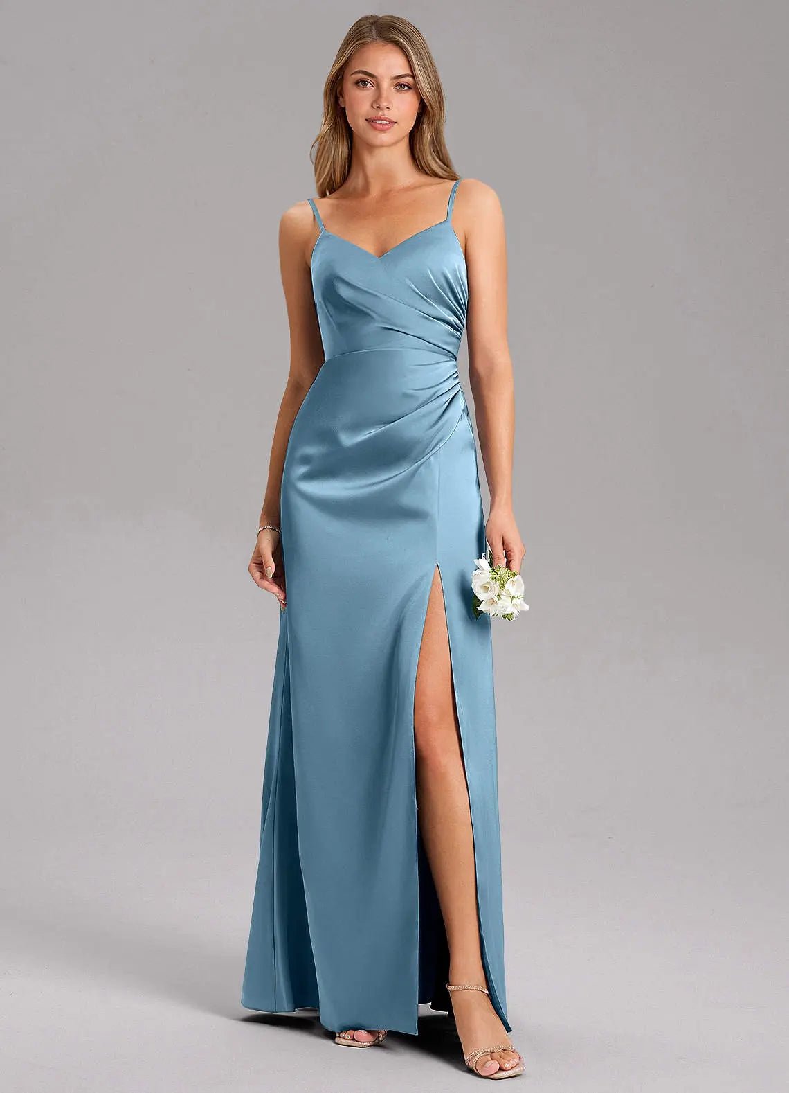 Azuree A-Line V-Neck Stretch Satin Bridesmaid Dress in Steel Blue