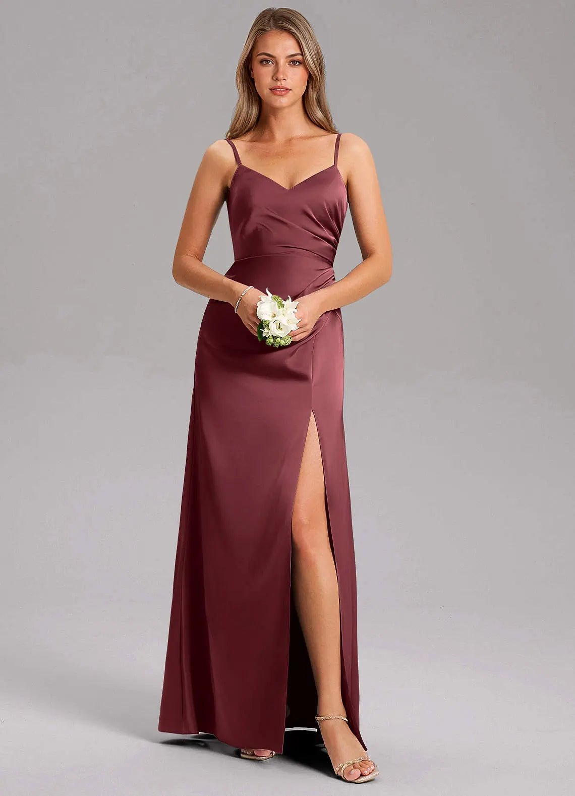 Azuree A-Line V-Neck Stretch Satin Bridesmaid Dress in Merlot