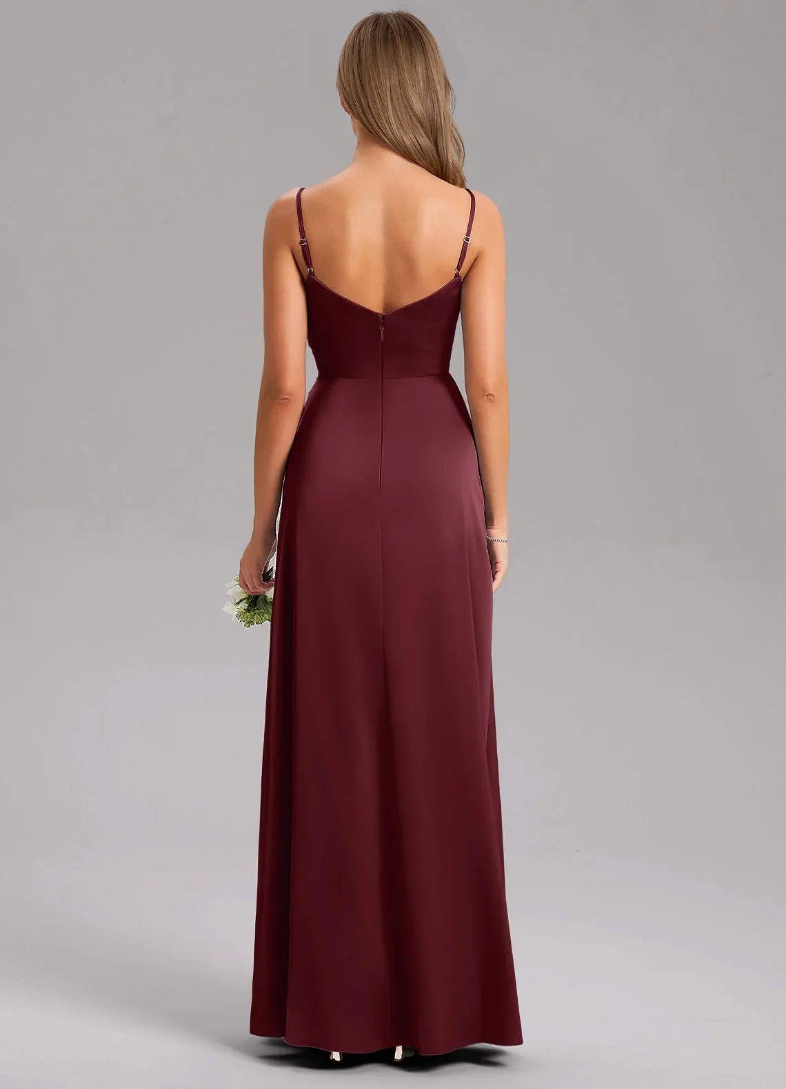 Azuree A-Line V-Neck Stretch Satin Bridesmaid Dress in Cabernet