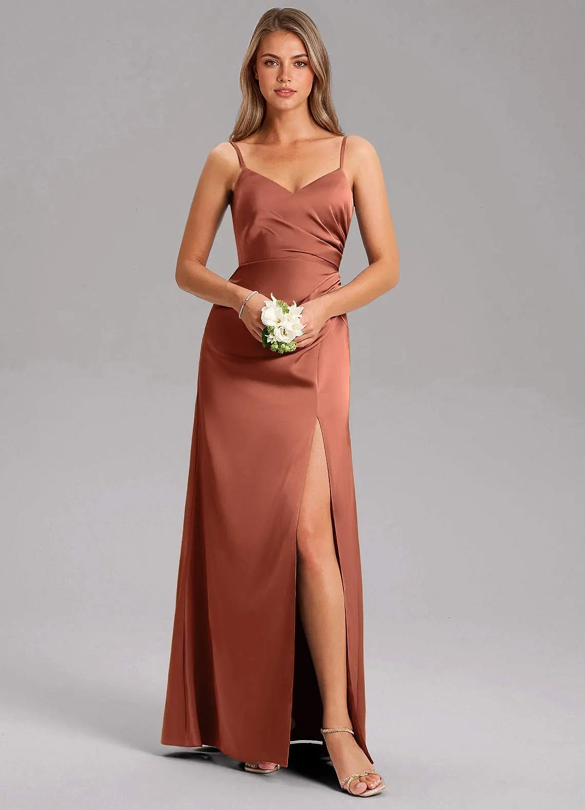 Azuree A-Line V-Neck Stretch Satin Bridesmaid Dress in Clay