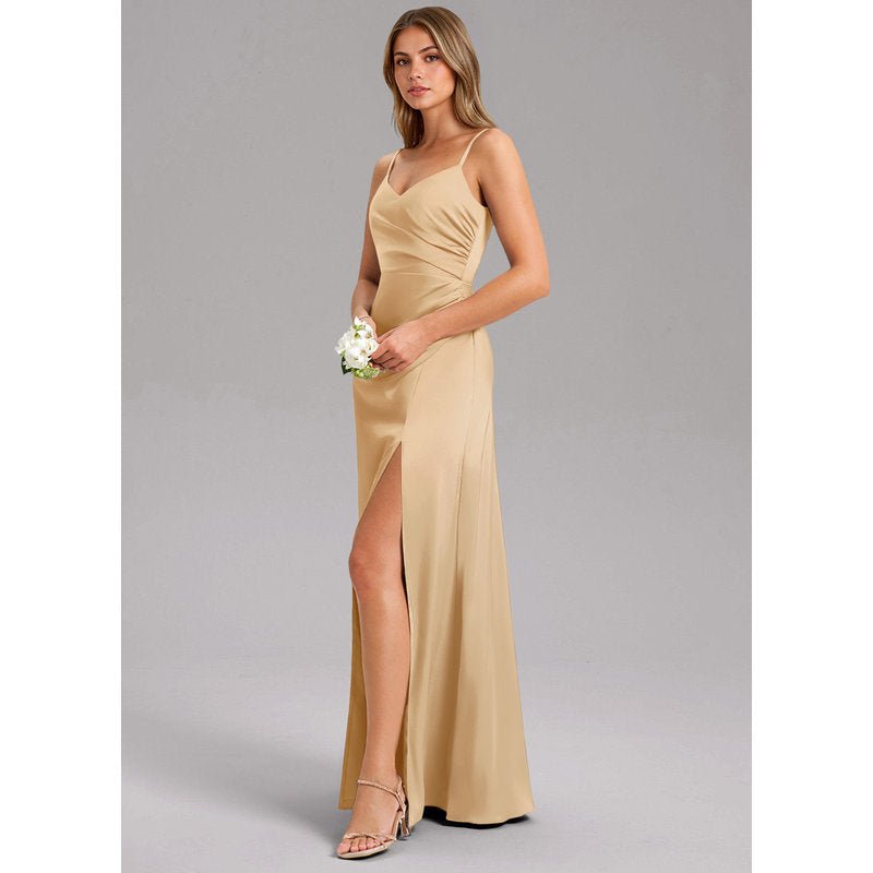 Waverly A-Line V-Neck Stretch Satin Bridesmaid Dress in Gold - gallery 3