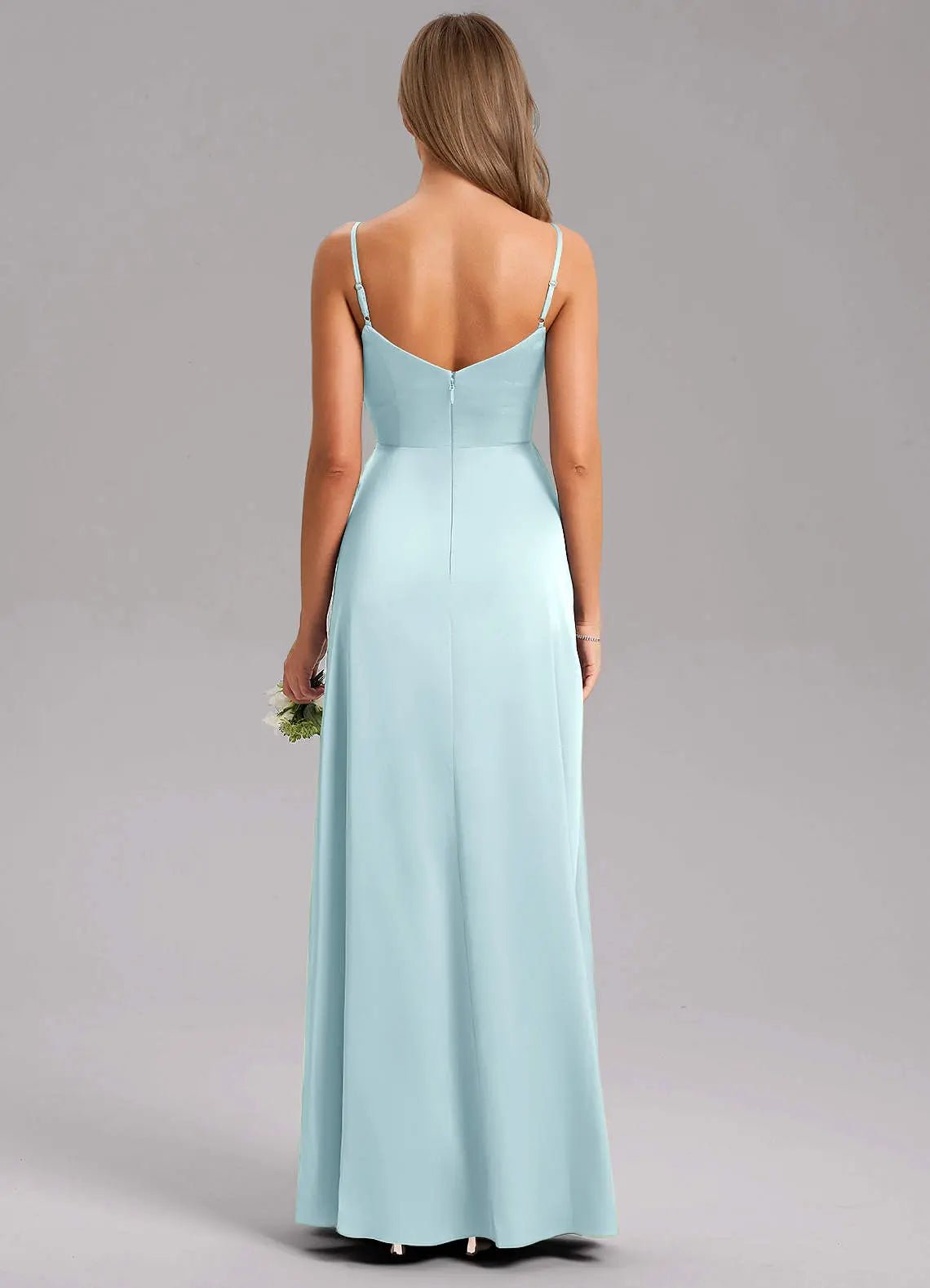 Azuree A-Line V-Neck Stretch Satin Bridesmaid Dress in Cloud Blue
