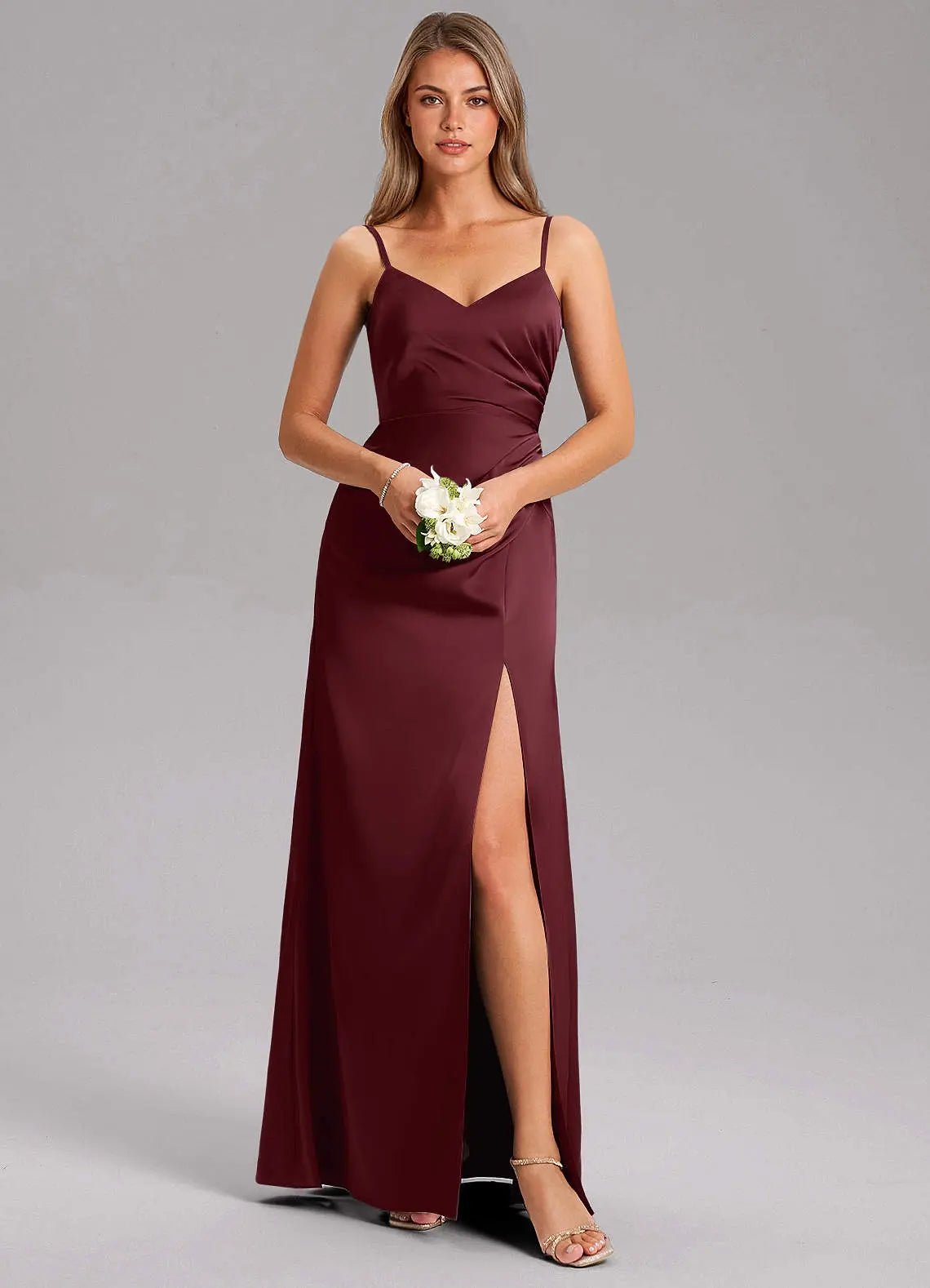 Azuree A-Line V-Neck Stretch Satin Bridesmaid Dress in Cabernet