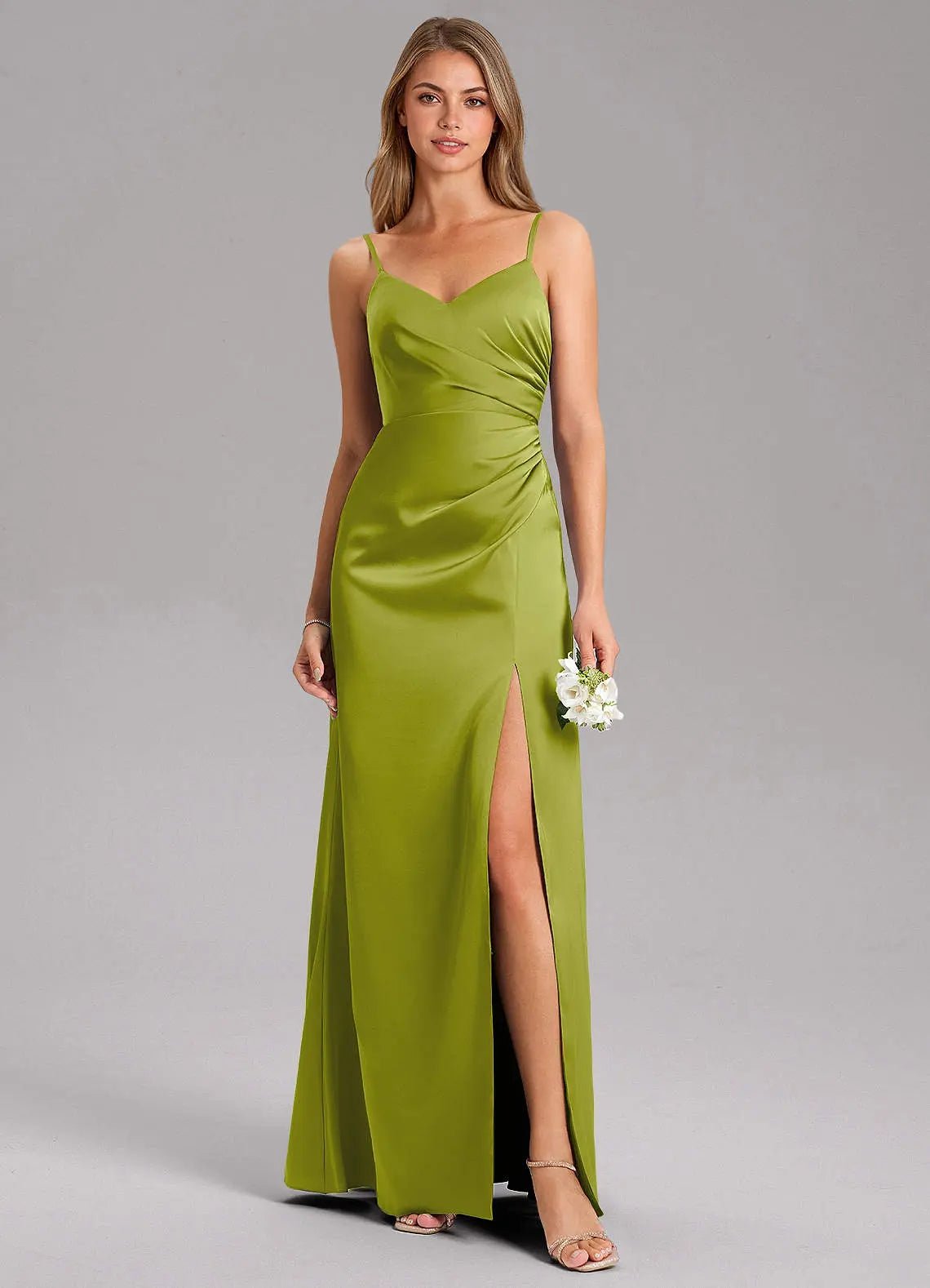 Azuree A-Line V-Neck Stretch Satin Bridesmaid Dress in Lemongrass