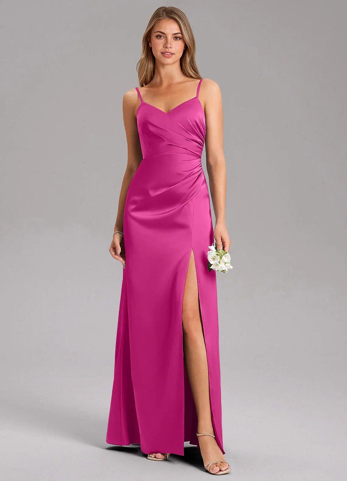 Azuree A-Line V-Neck Stretch Satin Bridesmaid Dress in Fuchsia