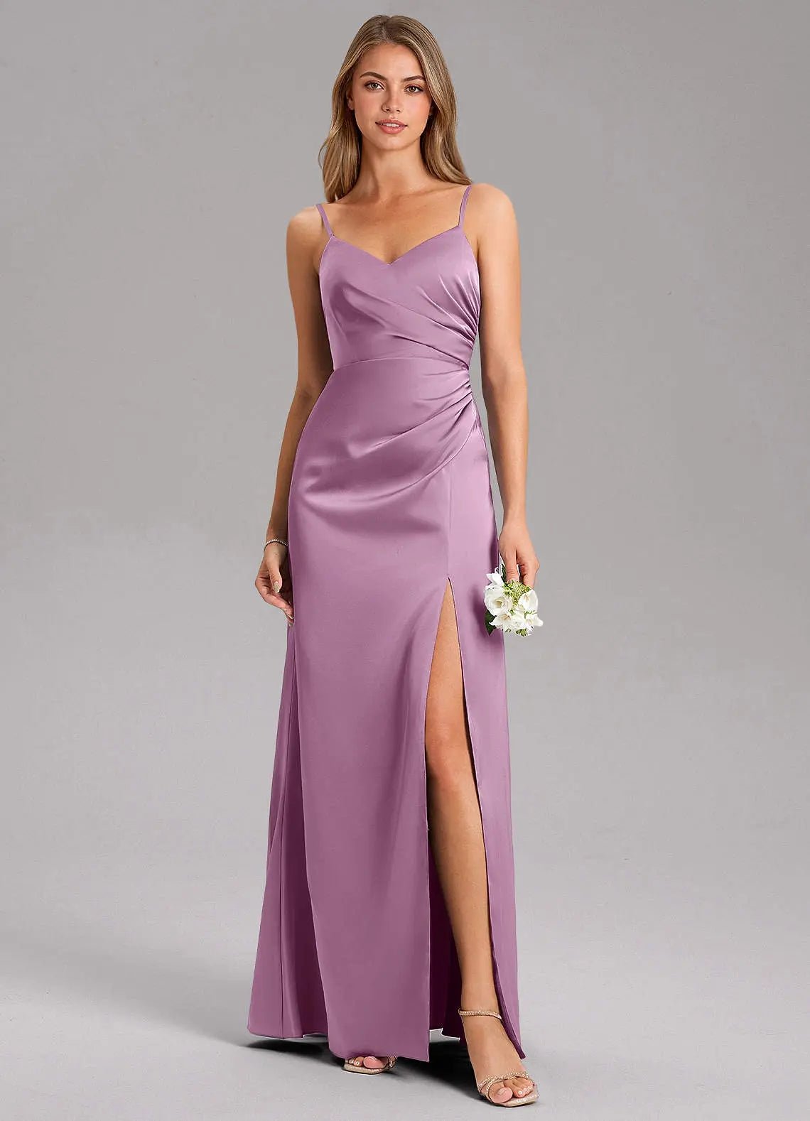 Azuree A-Line V-Neck Stretch Satin Bridesmaid Dress in Wisteria