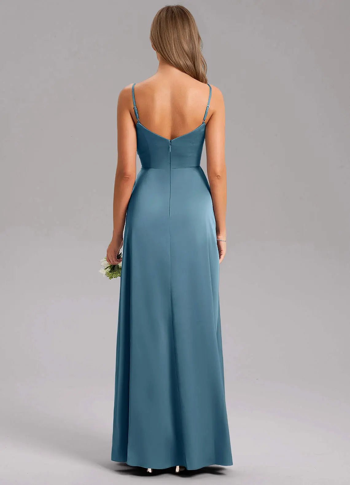 Azuree A-Line V-Neck Stretch Satin Bridesmaid Dress in Bermuda