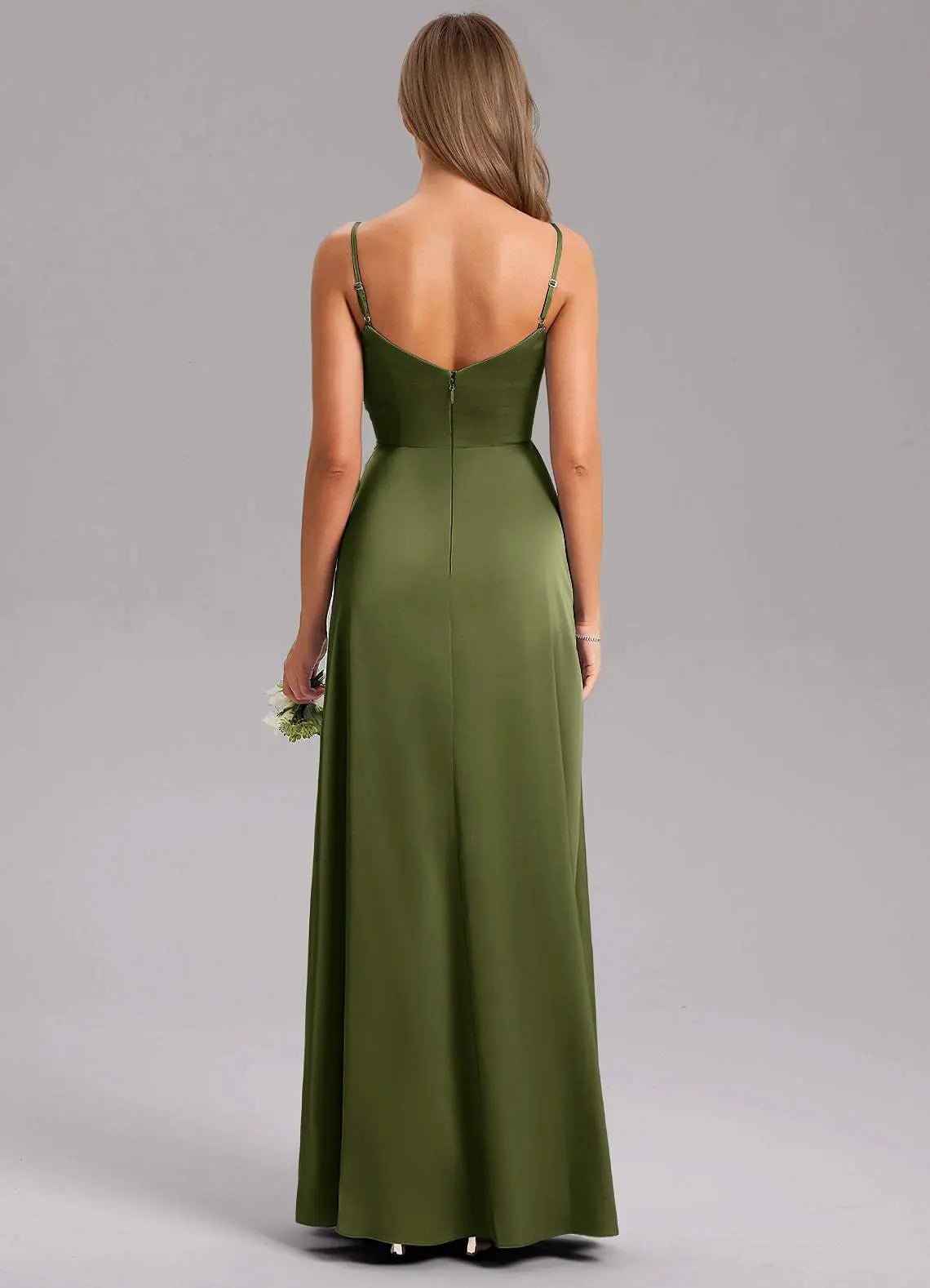 Azuree A-Line V-Neck Stretch Satin Bridesmaid Dress in Olive