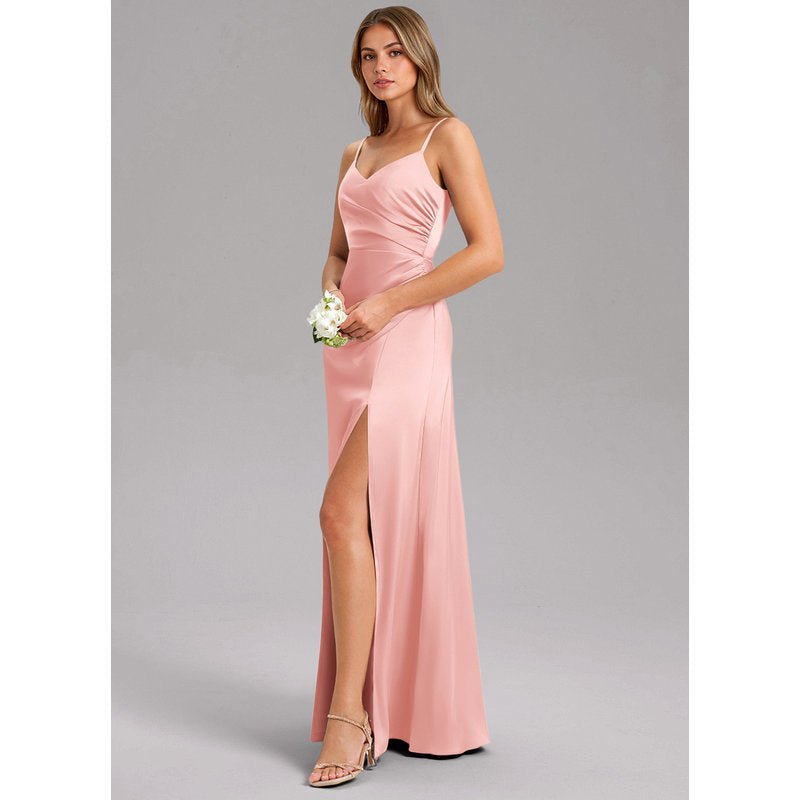 Waverly A-Line V-Neck Stretch Satin Bridesmaid Dress in Powder Pink - gallery 3