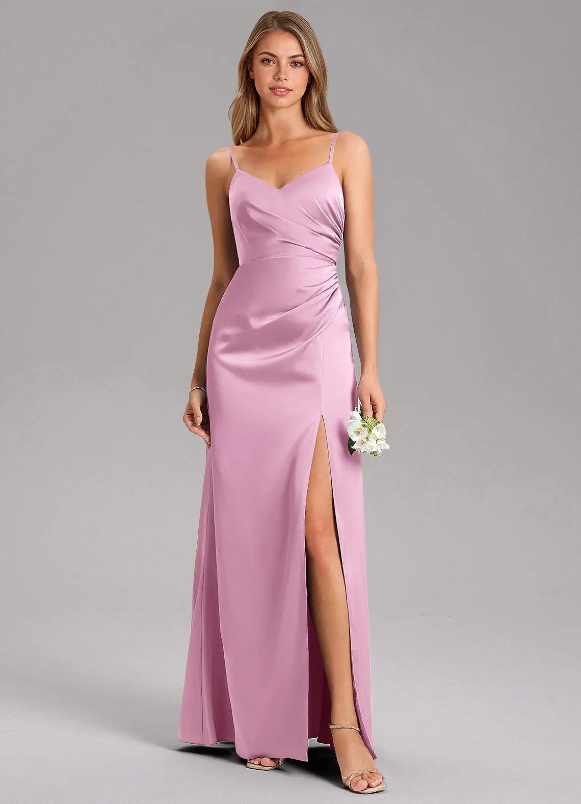 Azuree A-Line V-Neck Stretch Satin Bridesmaid Dress in candy pink